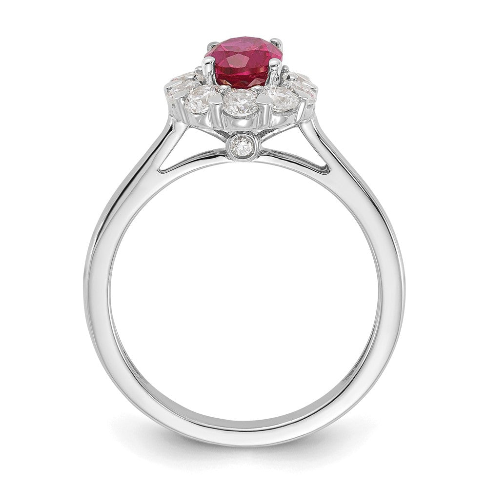 10k White Gold 5/8 Ct. Lab Grown Diamond VS/SI+ G+ and Oval Lab Created Ruby Halo Fashion Ring