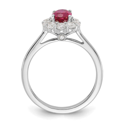 10k White Gold 5/8 Ct. Lab Grown Diamond VS/SI+ G+ and Oval Lab Created Ruby Halo Fashion Ring