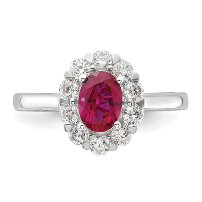 10k White Gold 5/8 Ct. Lab Grown Diamond VS/SI+ G+ and Oval Lab Created Ruby Halo Fashion Ring
