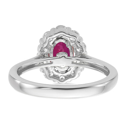 10k White Gold 5/8 Ct. Lab Grown Diamond VS/SI+ G+ and Oval Lab Created Ruby Halo Fashion Ring