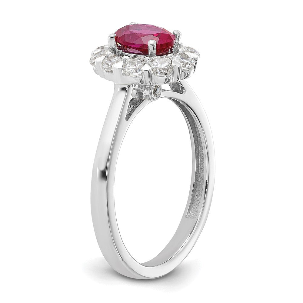 10k White Gold 5/8 Ct. Lab Grown Diamond VS/SI+ G+ and Oval Lab Created Ruby Halo Fashion Ring