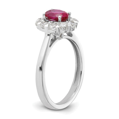 10k White Gold 5/8 Ct. Lab Grown Diamond VS/SI+ G+ and Oval Lab Created Ruby Halo Fashion Ring