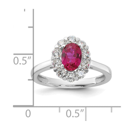 10k White Gold 5/8 Ct. Lab Grown Diamond VS/SI+ G+ and Oval Lab Created Ruby Halo Fashion Ring