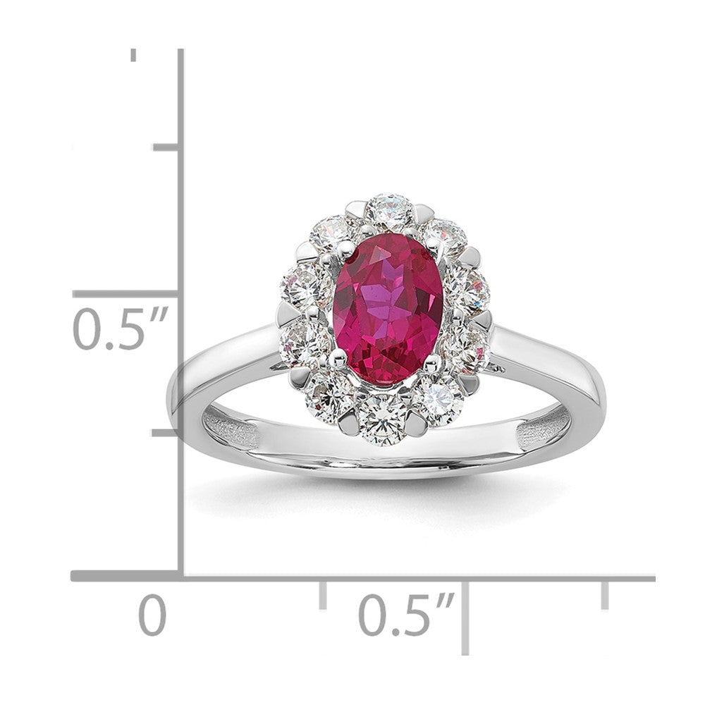 10k White Gold 5/8 Ct. Lab Grown Diamond VS/SI+ G+ and Oval Lab Created Ruby Halo Fashion Ring