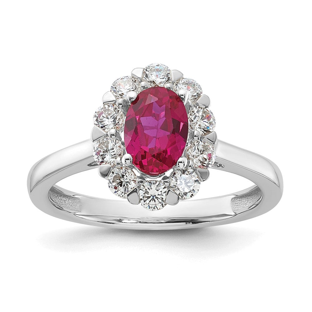 10k White Gold 5/8 Ct. Lab Grown Diamond VS/SI+ G+ and Oval Lab Created Ruby Halo Fashion Ring