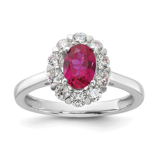 14k White Gold 5/8 Ct. Lab Grown Diamond VS/SI+ G+ and Oval Lab Created Ruby Halo Fashion Ring