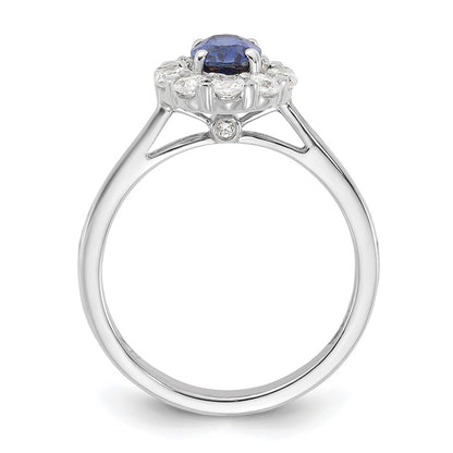 10k White Gold 5/8 Ct. Lab Grown Diamond VS/SI+ G+ and Oval Lab Created Blue Sapphire Halo Fashion Ring