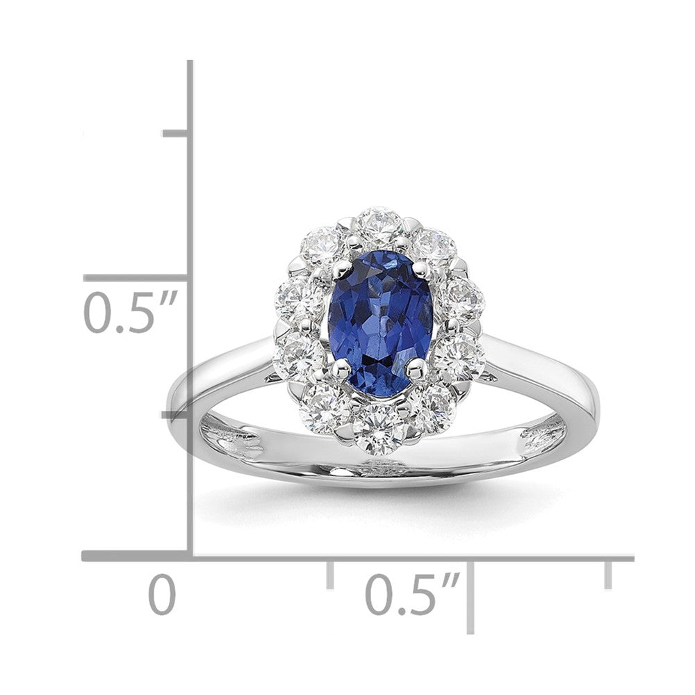 10k White Gold 5/8 Ct. Lab Grown Diamond VS/SI+ G+ and Oval Lab Created Blue Sapphire Halo Fashion Ring