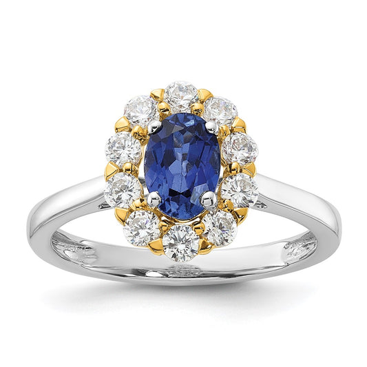 14k Two-Tone 5/8 Ct. Lab Grown Diamond VS/SI+ G+ and Oval Lab Created Blue Sapphire Halo Fashion Ring