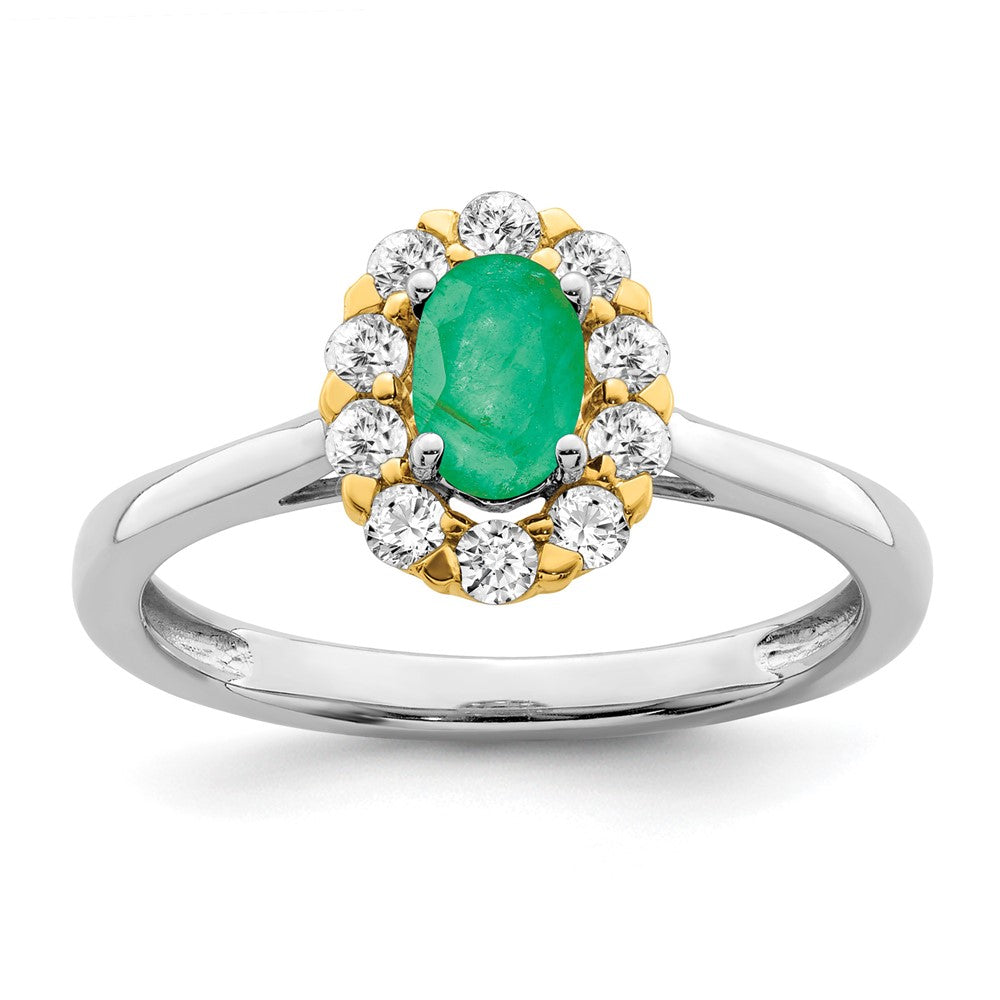 14k Two-Tone 5/8 Ct. Lab Grown Diamond VS/SI+ G+ and Oval Lab Created Emerald Halo Fashion Ring