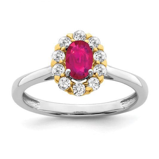 14k Two-Tone 5/8 Ct. Lab Grown Diamond VS/SI+ G+ and Oval Lab Created Ruby Halo Fashion Ring