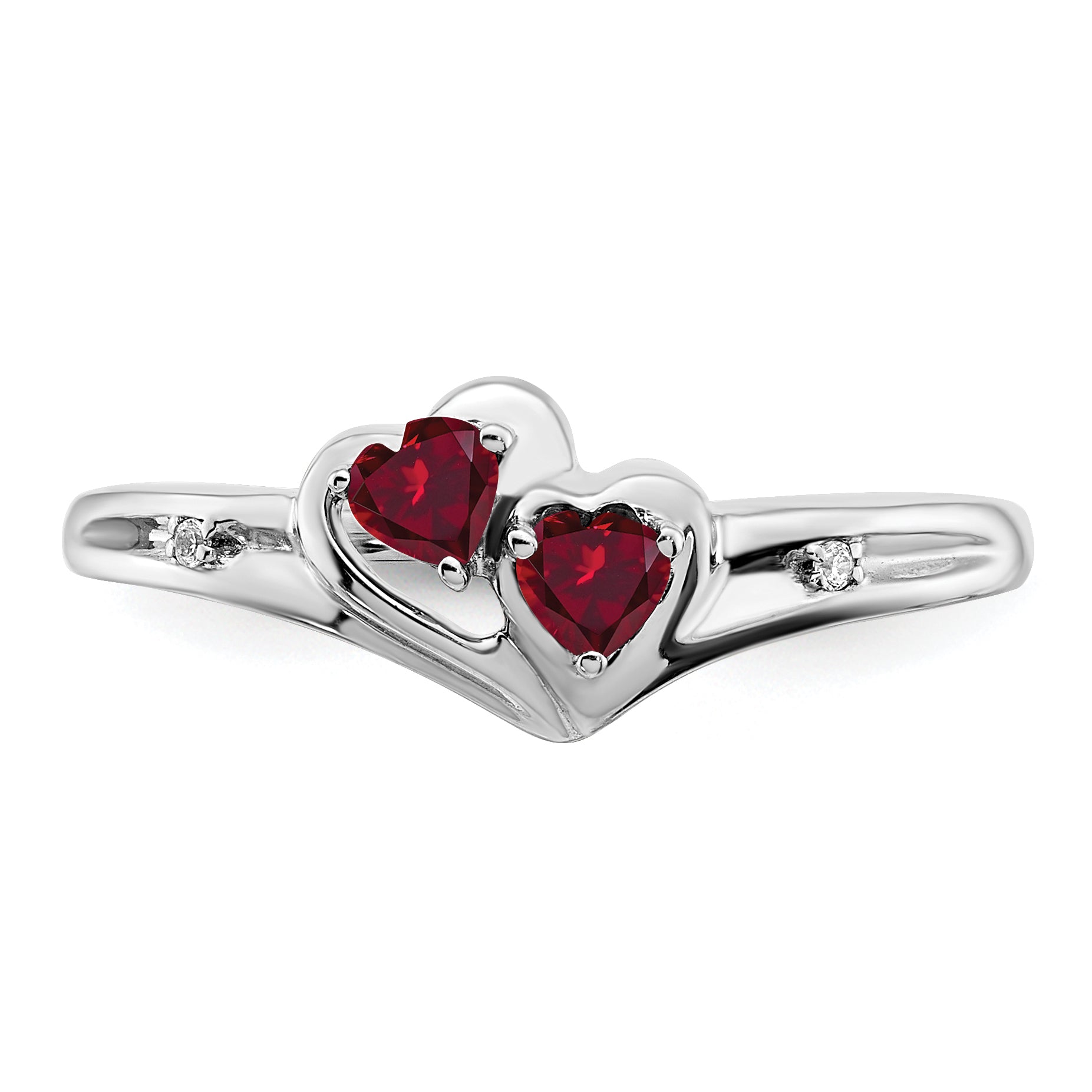 10K White Gold Created Ruby And Diamond 2-Stone Heart Ring