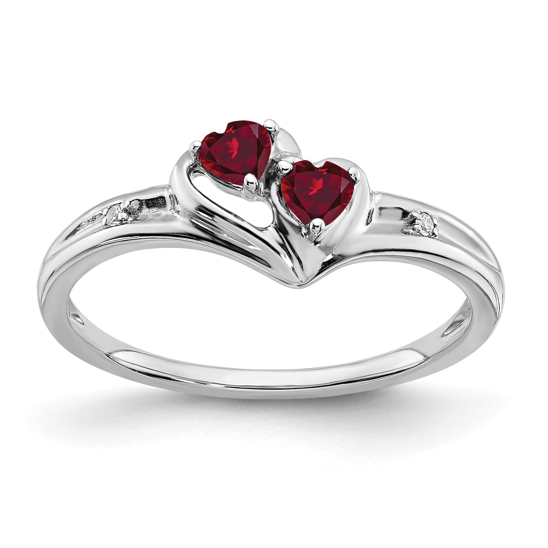 10K White Gold Created Ruby And Diamond 2-Stone Heart Ring