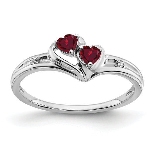 10K White Gold Created Ruby And Diamond 2-Stone Heart Ring