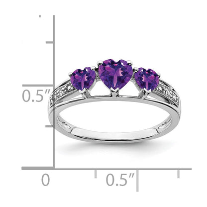 10K White Gold 3 Stone Amethyst And Diamond Heart Ring
