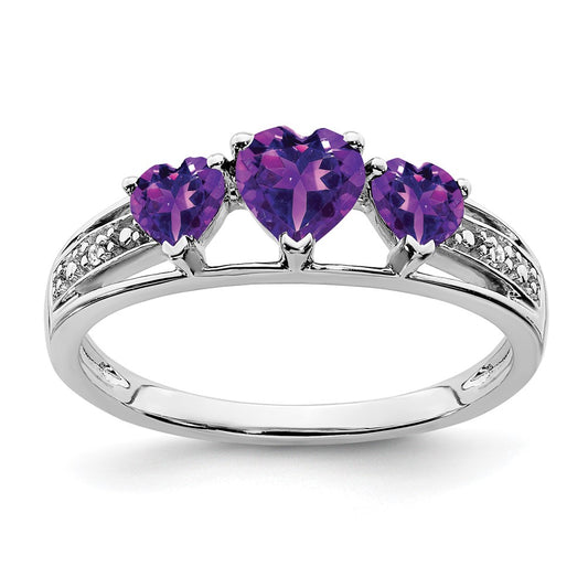 10K White Gold 3 Stone Amethyst And Diamond Heart Ring