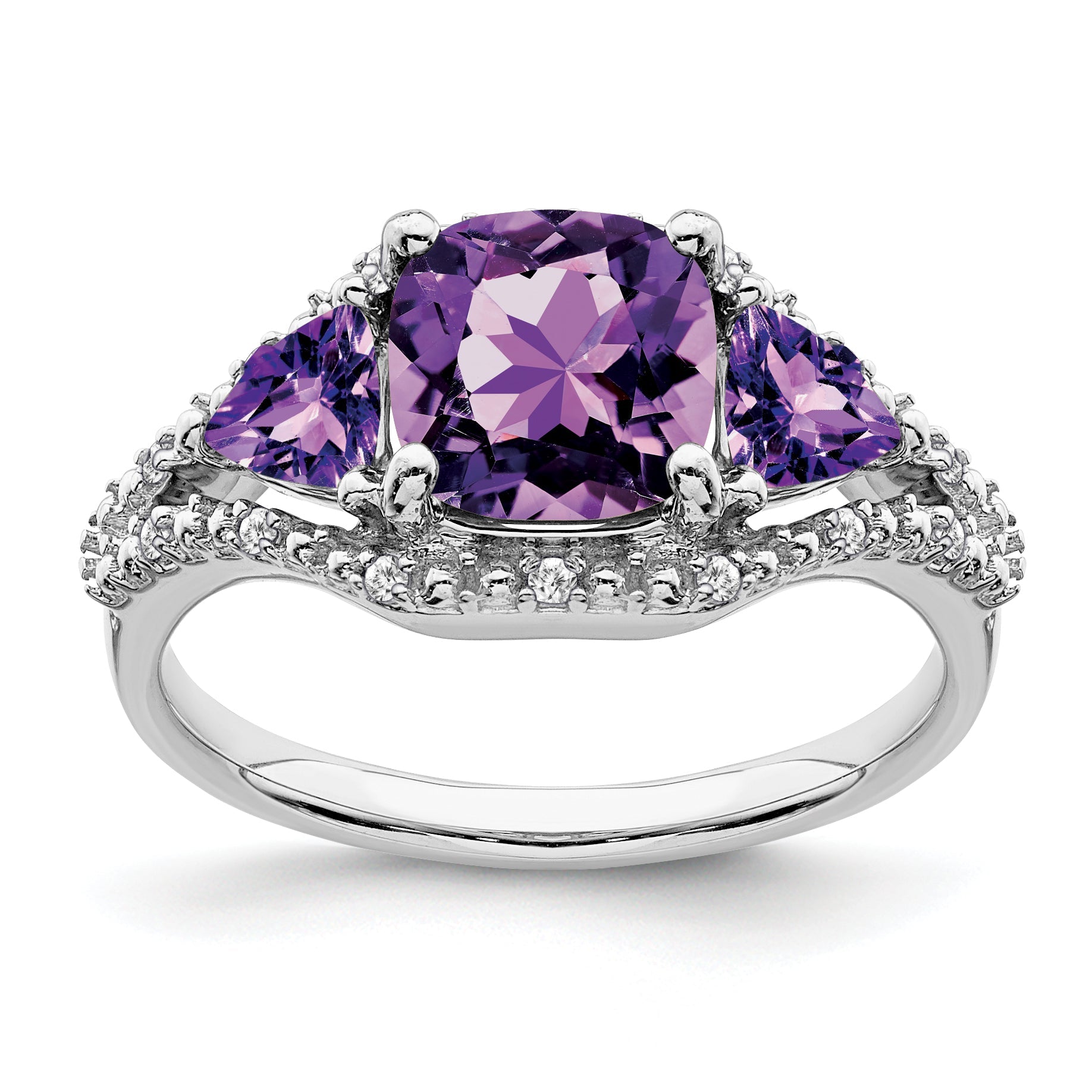 10K White Gold 3 Stone Amethyst And Diamond Ring