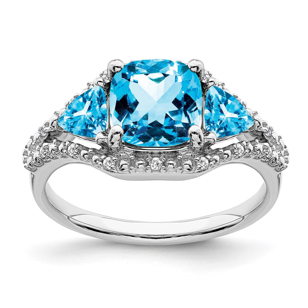 10K White Gold 3 Stone Blue Topaz And Diamond Ring
