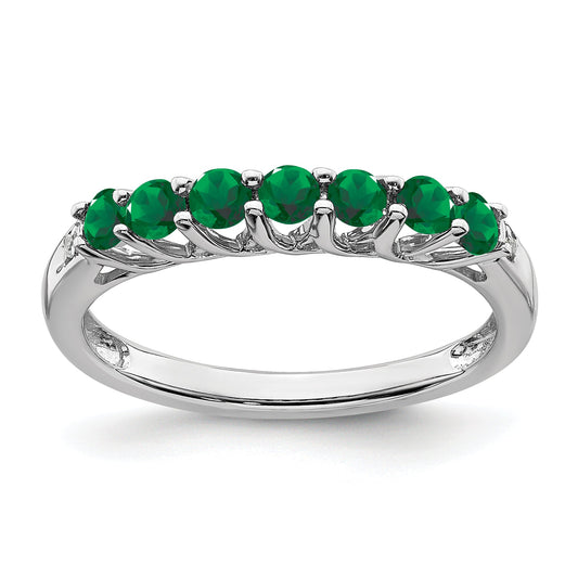 10K White Gold Created Emerald And Diamond 7-Stone Ring