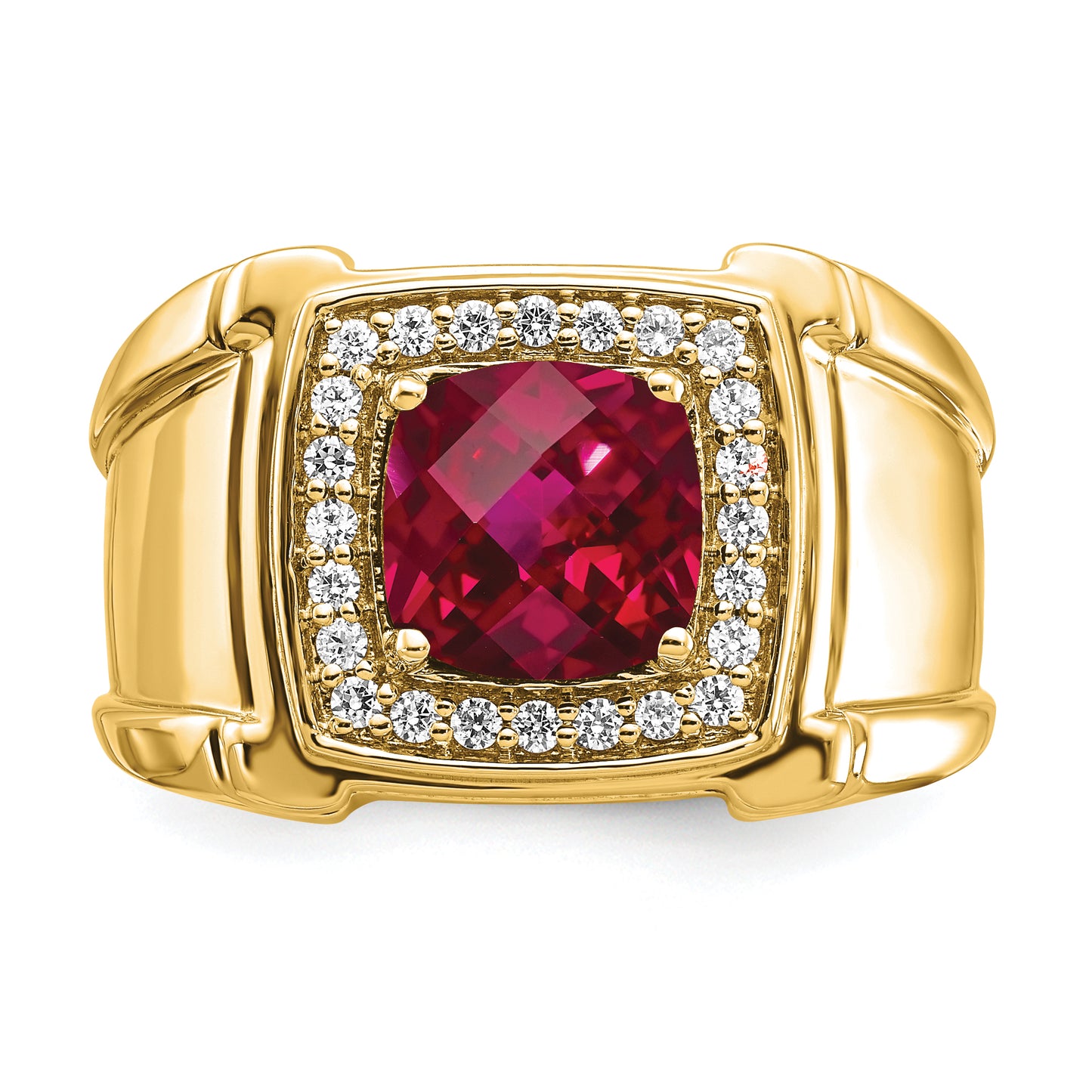 14k Yellow Gold 1/4 Ct. Lab Grown Diamond VS/SI+ G+ and Lab Created Ruby Men's Ring