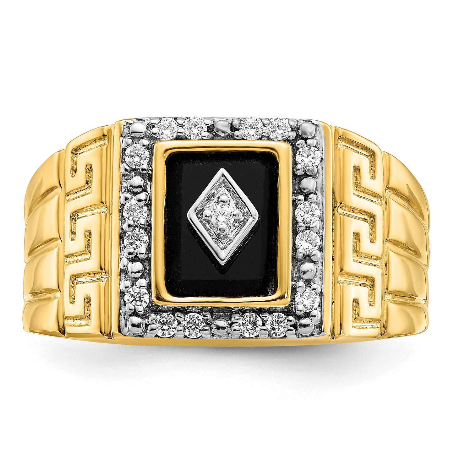 14k Yellow Gold 1/5 Ct. Lab Grown Diamond VS/SI+ G+ and Onyx Greek Key Design Men's Ring