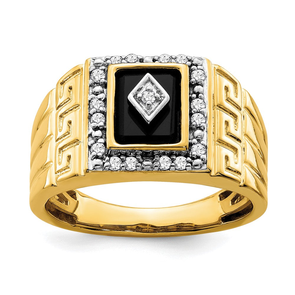 14k Yellow Gold 1/5 Ct. Lab Grown Diamond VS/SI+ G+ and Onyx Greek Key Design Men's Ring