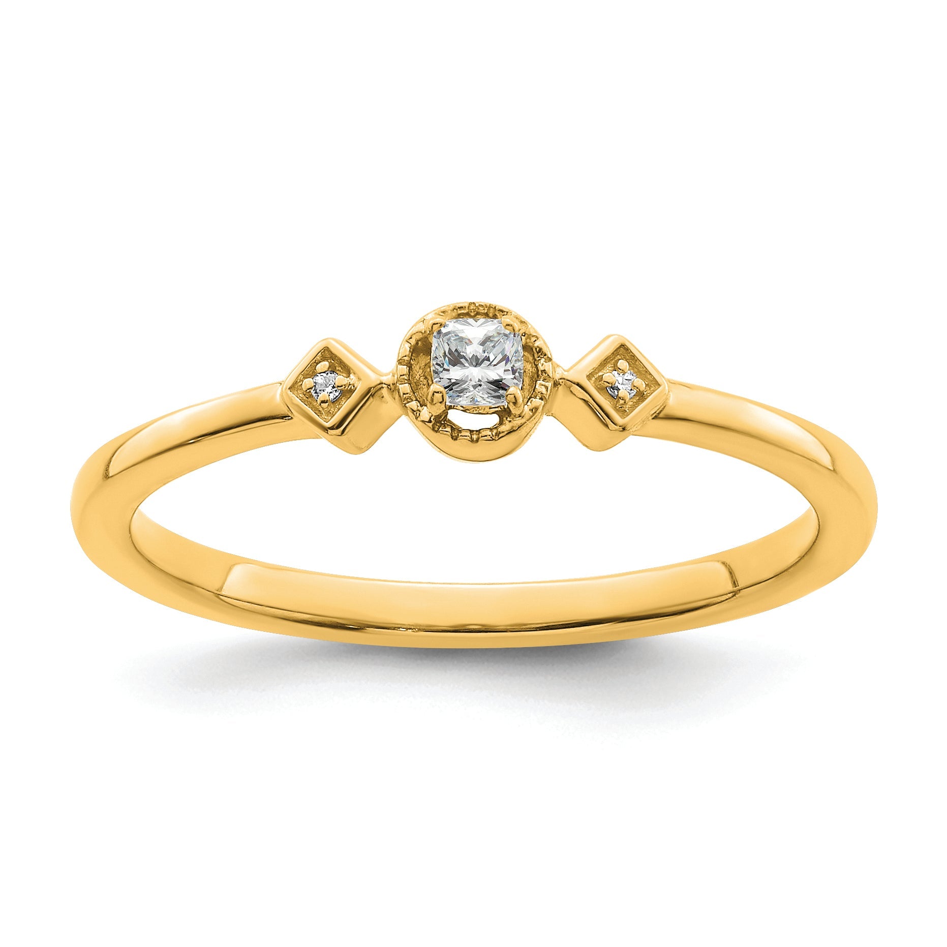 14K Yellow Gold Beaded Edge Petite 3 Stone 1/15 Carat Cushion Diamond Complete Promise/Engagement Ring