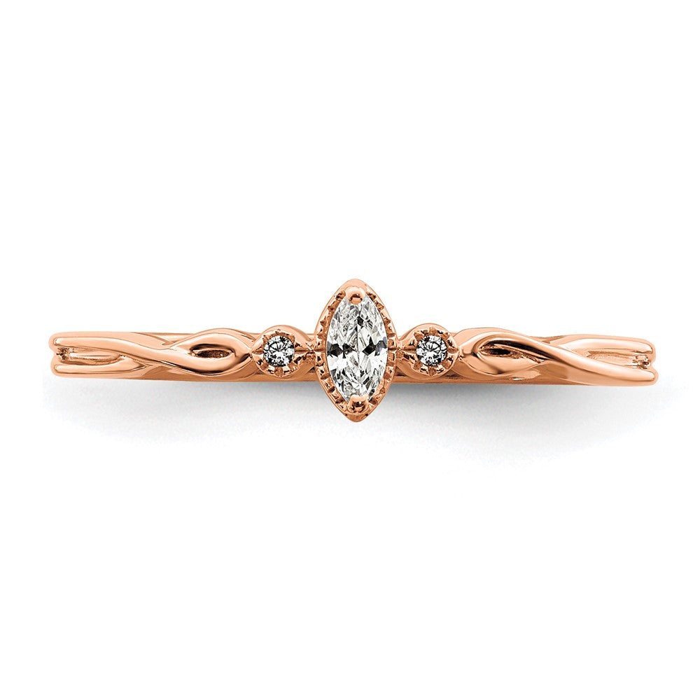 14K Rose Gold Beaded Edge Petite 3 Stone 1/15 Carat Marquise Diamond Complete Promise/Engagement Ring