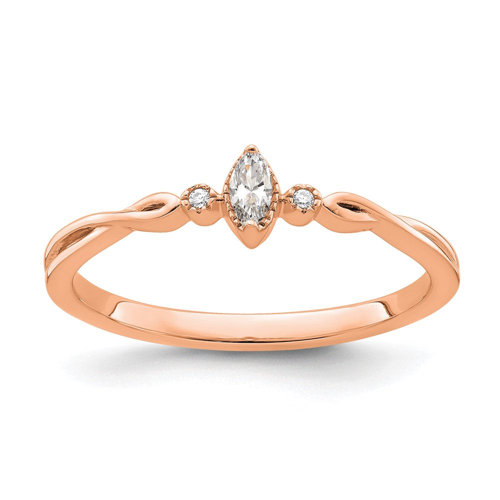 14K Rose Gold Beaded Edge Petite 3 Stone 1/15 Carat Marquise Diamond Complete Promise/Engagement Ring