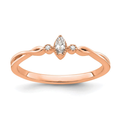 14K Rose Gold Beaded Edge Petite 3 Stone 1/15 Carat Marquise Diamond Complete Promise/Engagement Ring