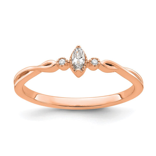 14K Rose Gold Beaded Edge Petite 3 Stone 1/15 Carat Marquise Diamond Complete Promise/Engagement Ring