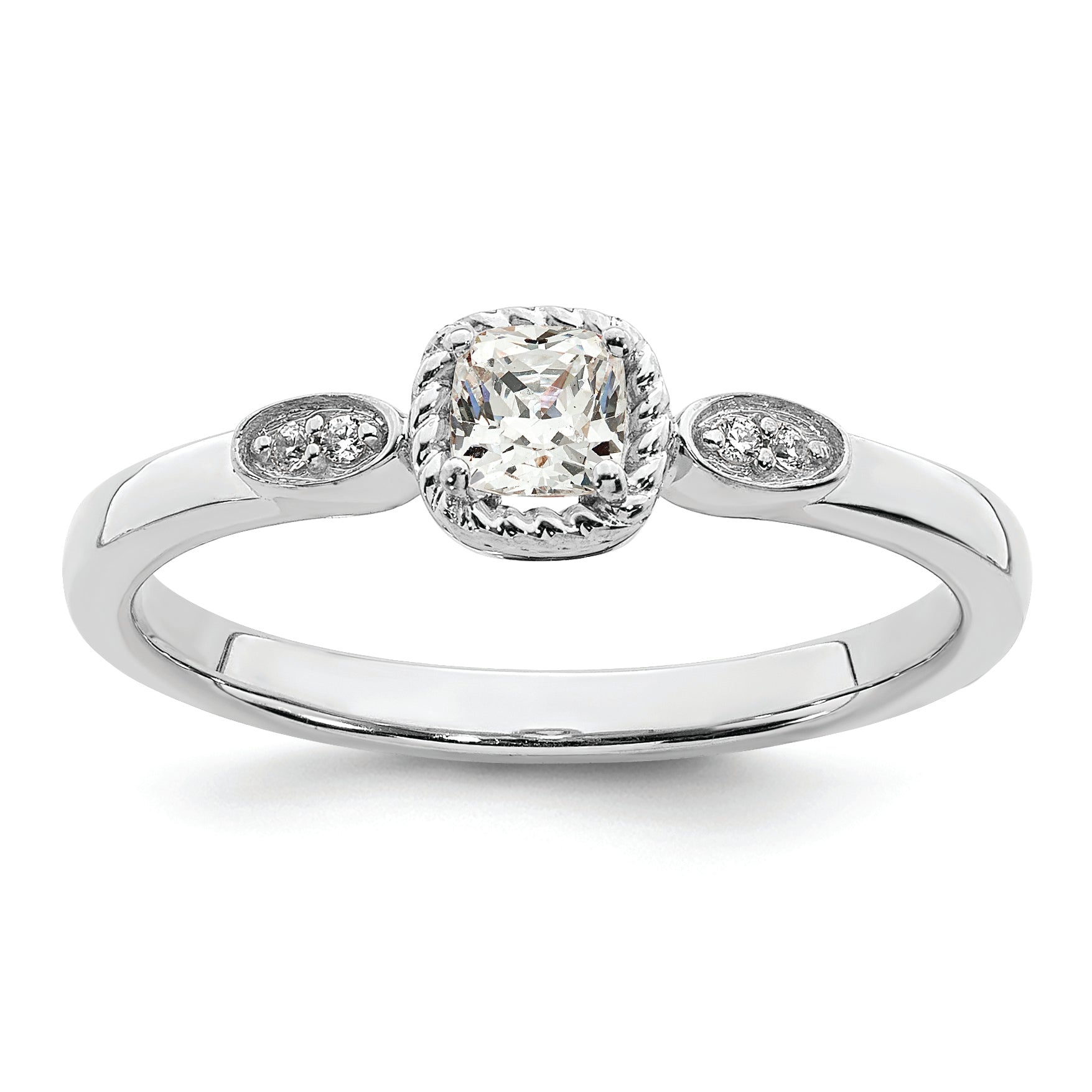 14K White Gold Rope Edge Petite 1/4 Carat Cushion Cut Diamond Complete Promise/Engagement Ring