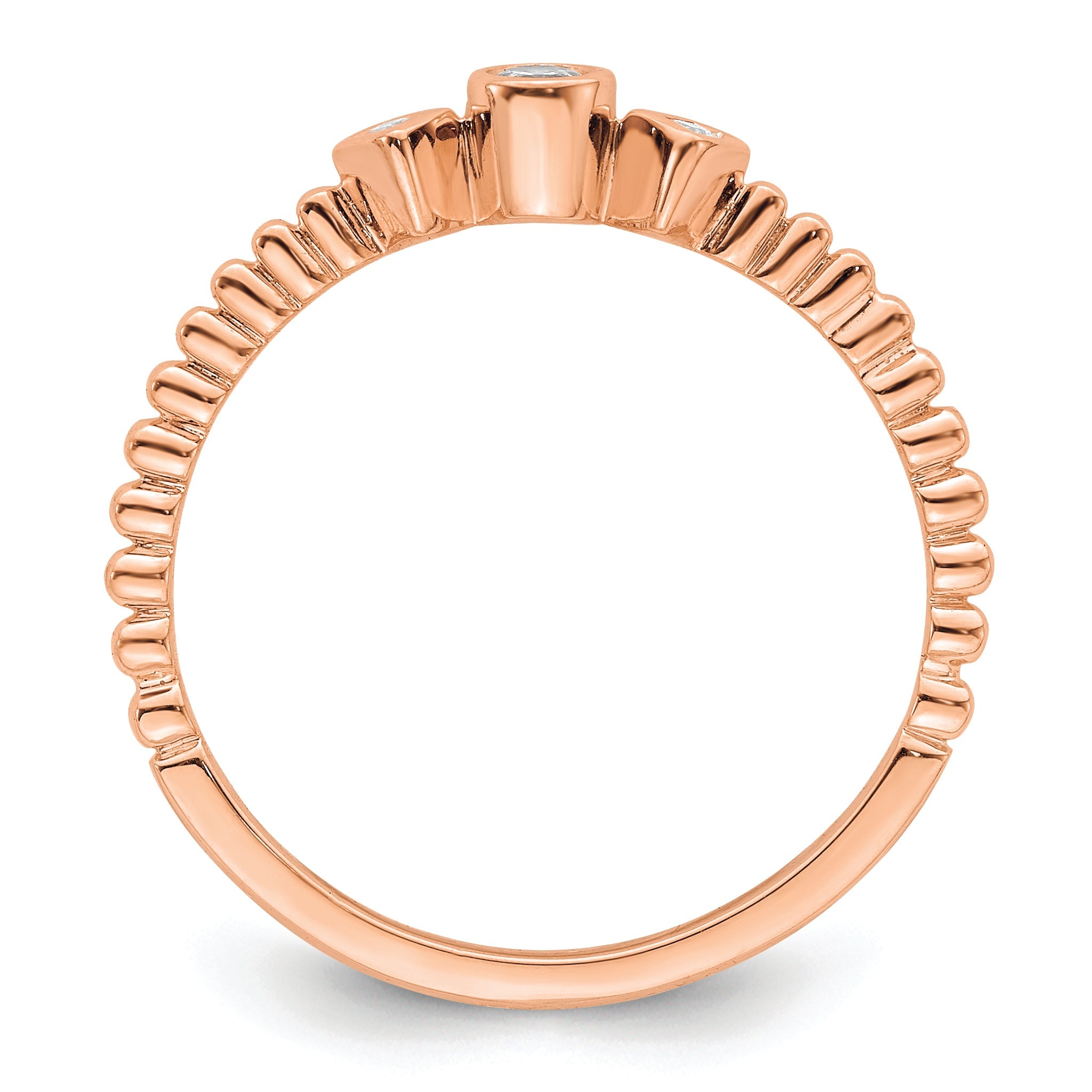 14K Rose Gold Scalloped Band Petite 3 Stone 1/15 Carat Round Diamond Complete Promise/Engagement Ring