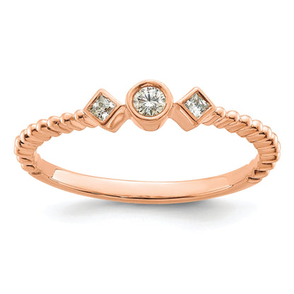 14K Rose Gold Scalloped Band Petite 3 Stone 1/15 Carat Round Diamond Complete Promise/Engagement Ring