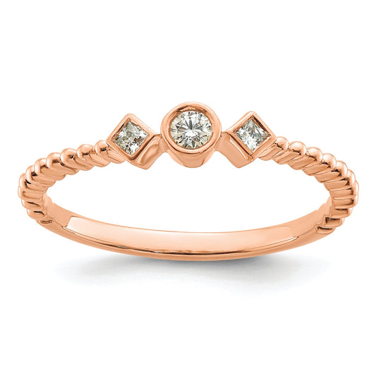 14K Rose Gold Scalloped Band Petite 3 Stone 1/15 Carat Round Diamond Complete Promise/Engagement Ring