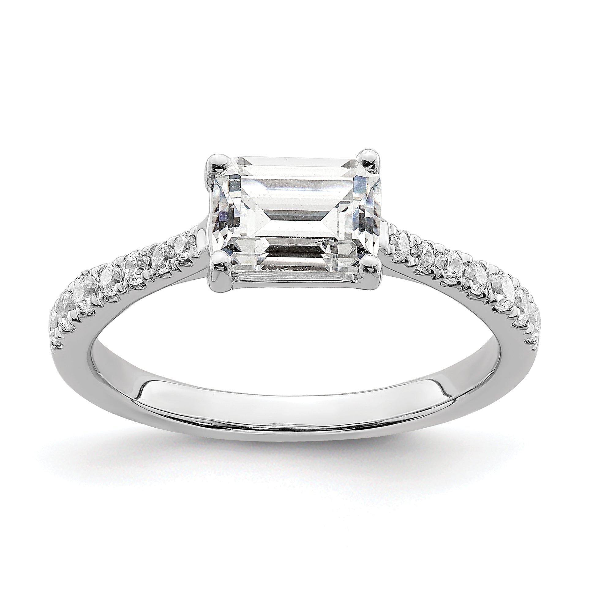 14K White Gold East West (Holds 3/4 Carat (6.1X4.5mm) Emerald Cut Center) 1/4 Diamond Semi Mount Engagement Ring