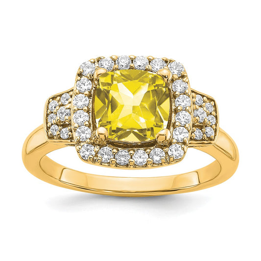 14k Yellow Gold White Lab Grown Dia. VS/SI+ G+ Lab Crtd Ylw Sapph Halo Ring