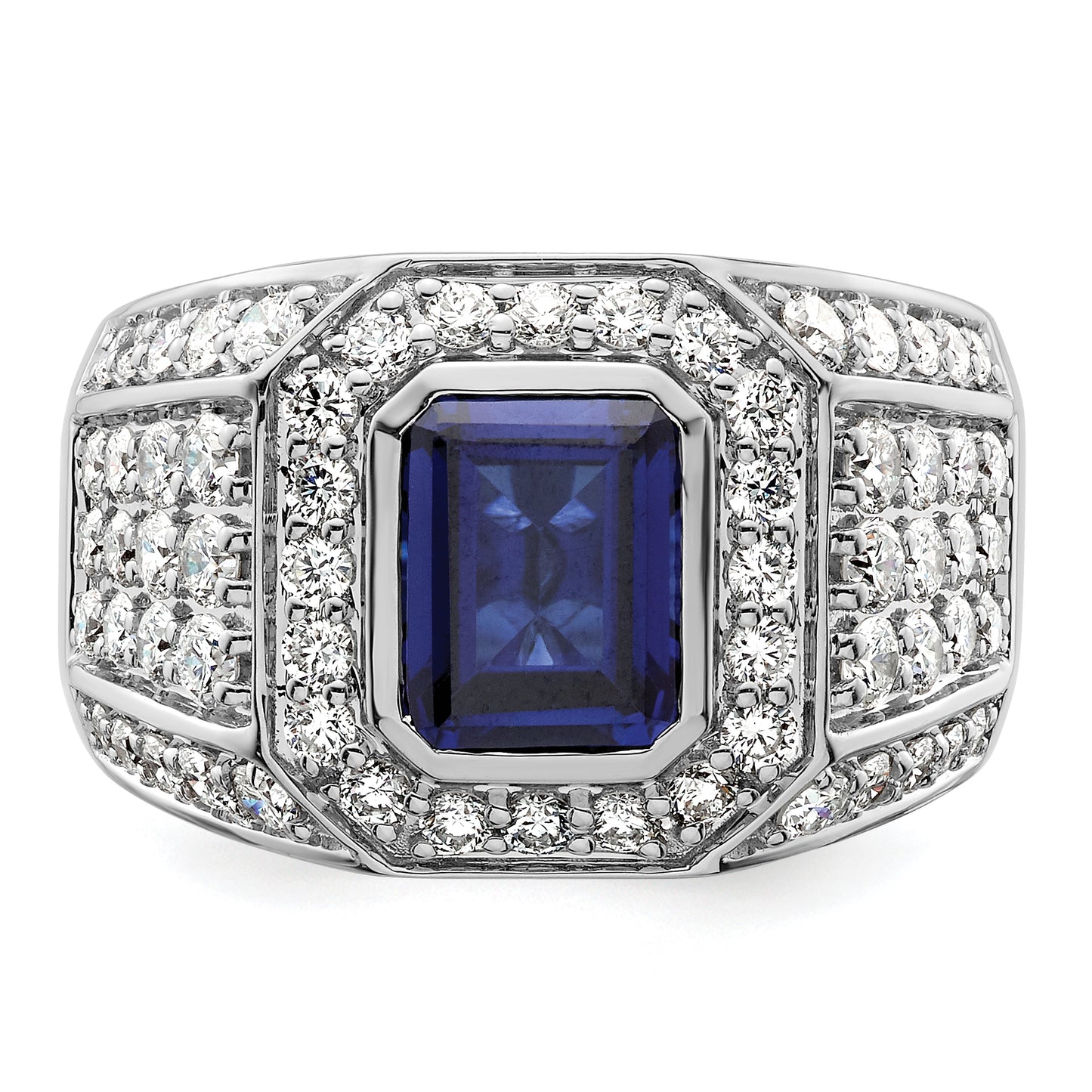 10k White Gold 1 7/8 Ct. Lab Grown Diamond VS/SI+ G+ and Lab Created Blue Sapphire Men's Ring