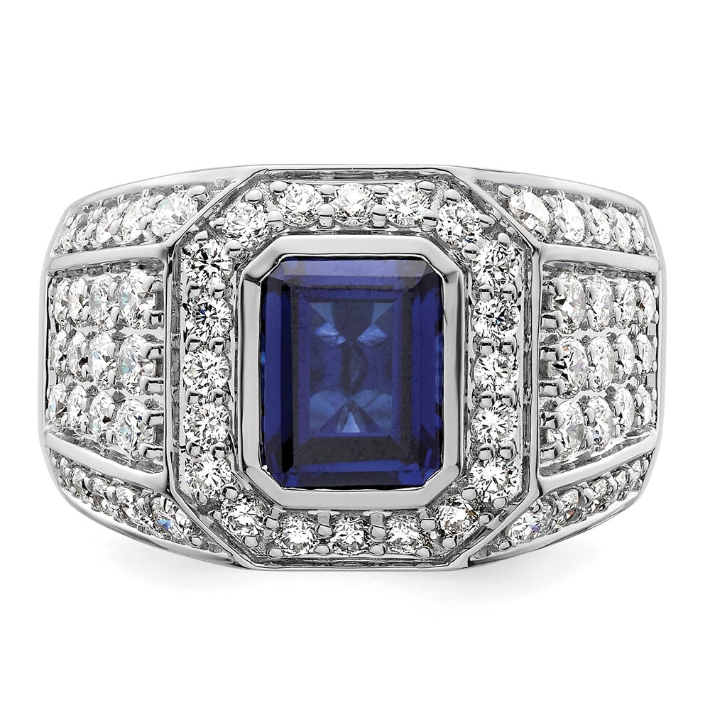 10k White Gold 1 7/8 Ct. Lab Grown Diamond VS/SI+ G+ and Lab Created Blue Sapphire Men's Ring