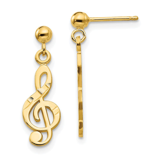 14K Yellow Gold Polished & Diamond-Cut Treble Clef Dangle Post Earrings