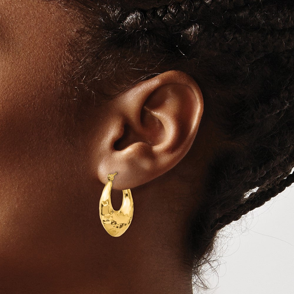 14K Yellow Gold Hammered Fancy Hollow Hoop Earrings