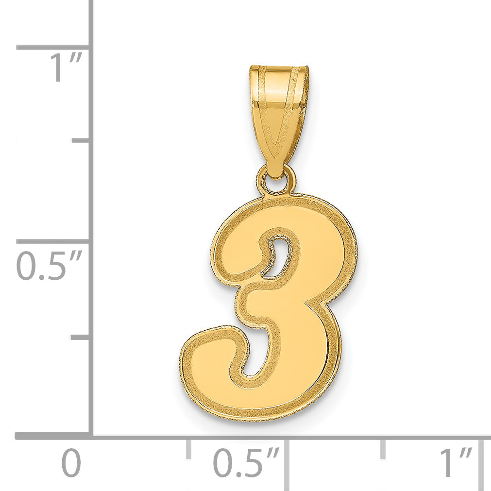 14K Yellow Gold Brushed Border Script Number 3 Pendant