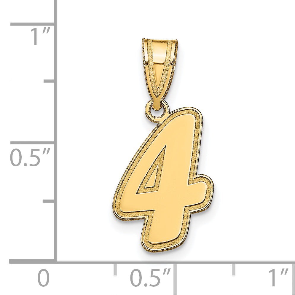 14K Yellow Gold Brushed Border Script Number 4 Pendant