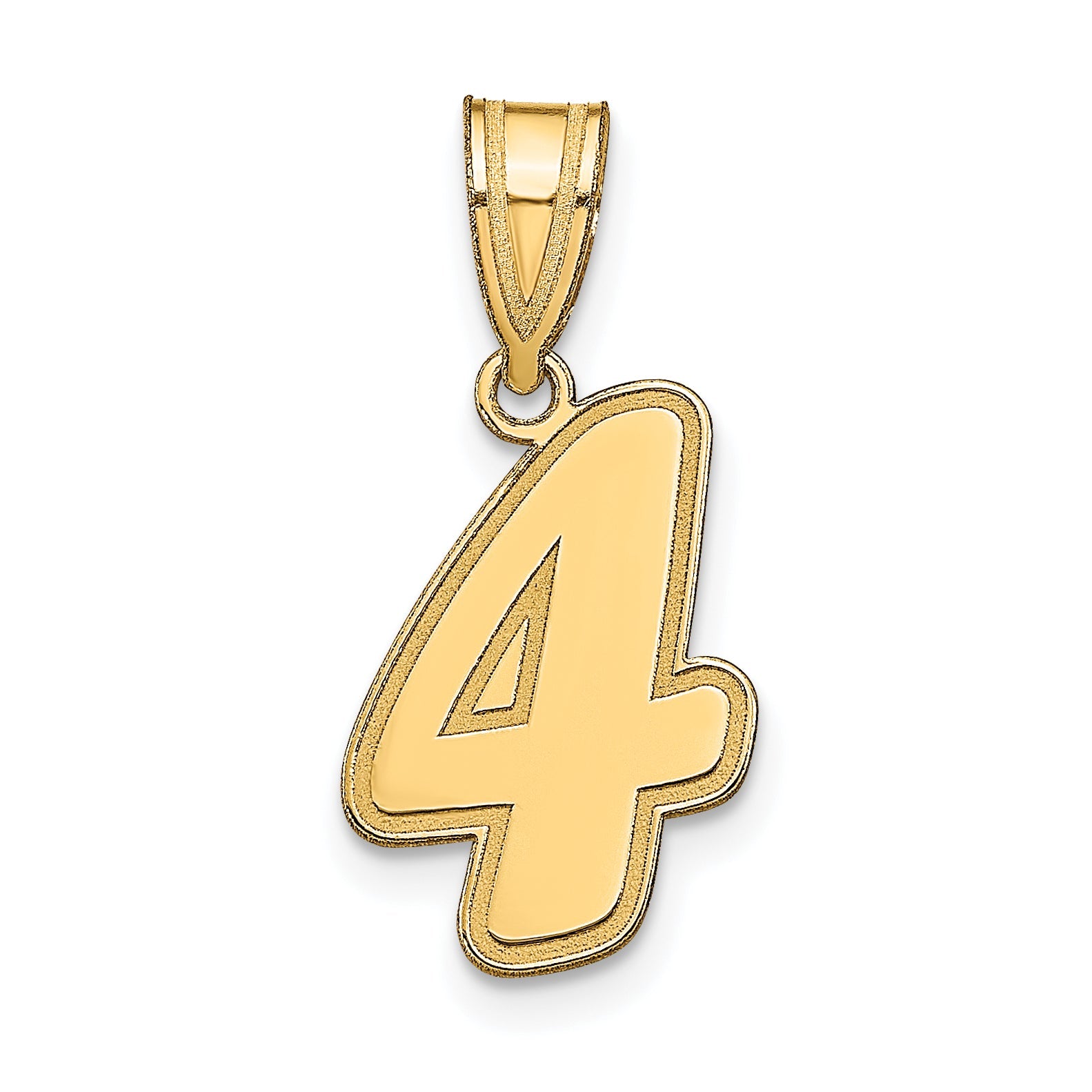 14K Yellow Gold Brushed Border Script Number 4 Pendant