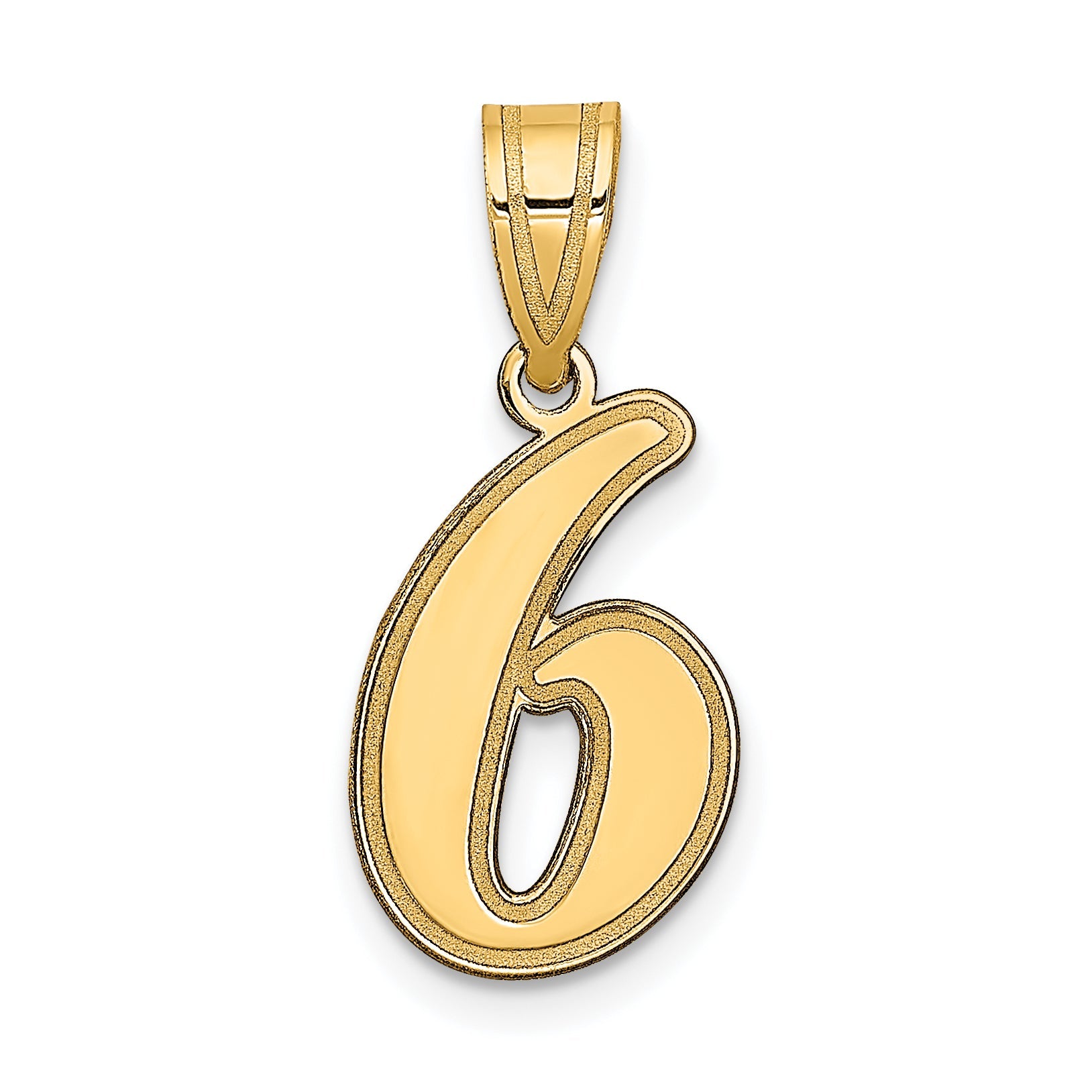 14K Yellow Gold Brushed Border Script Number 6 Pendant