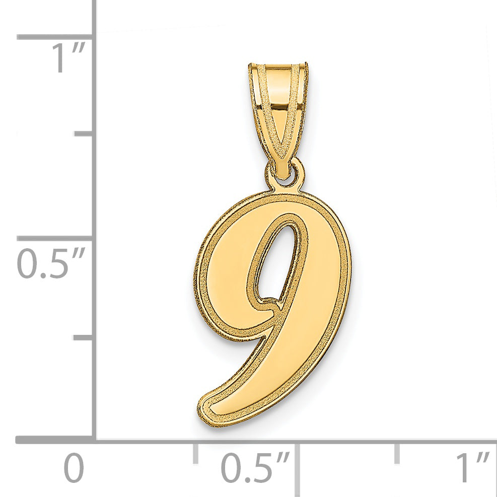 14K Yellow Gold Brushed Border Script Number 9 Pendant