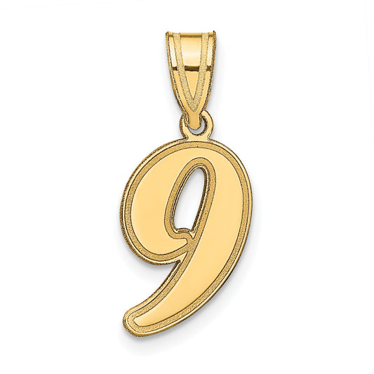14K Yellow Gold Brushed Border Script Number 9 Pendant