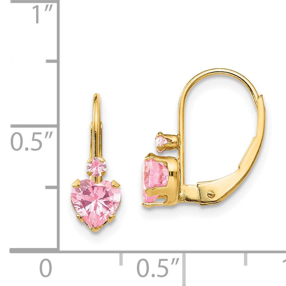14K Yellow Gold Madi K Pink Cz Heart Leverback Earrings