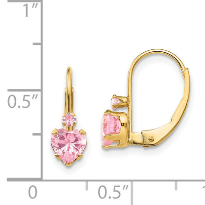 14K Yellow Gold Madi K Pink Cz Heart Leverback Earrings