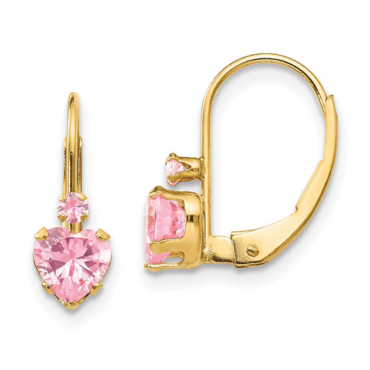14K Yellow Gold Madi K Pink Cz Heart Leverback Earrings